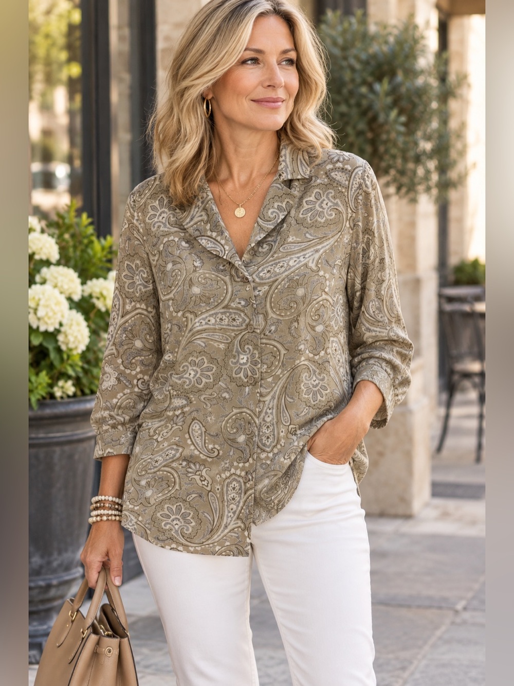 Express Taupe Paisley Button-Front Shirt Blouse Tunic Size M